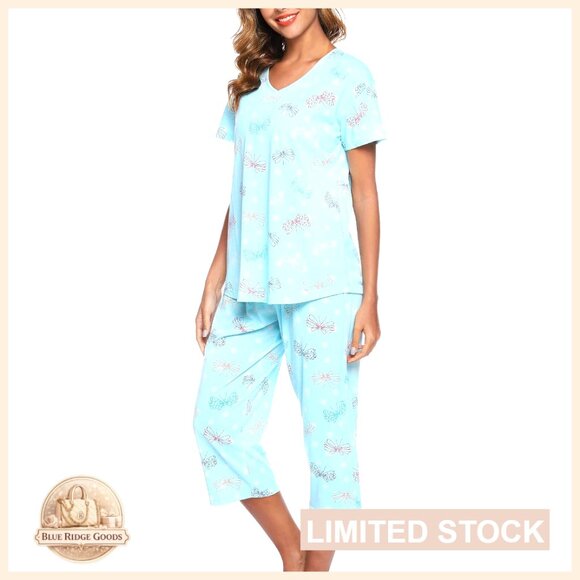 Cotton Pajama Set Short Sleeve Top Capri Pants Lounge Sleepwear Comfortable